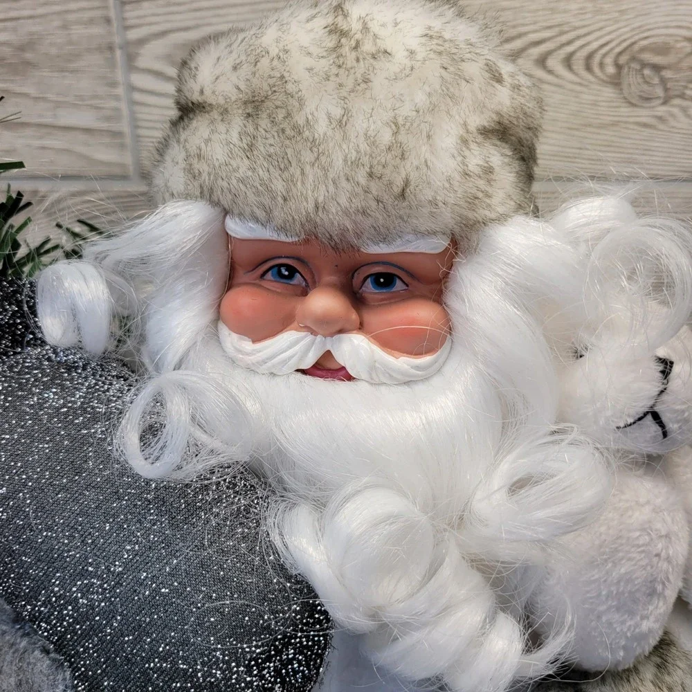Dennis Basso Home Sitting Santa Christmas Winter White Woodland‎ Rustic Faux Fur